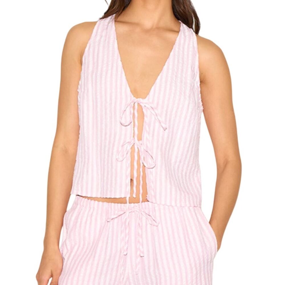 PrettyLittleThing Striped Tie Front Top in Pink, Size US 12